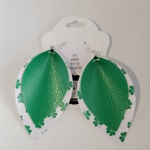 St. Patrick's Day 2-Layered 4-Leaf Clover Green Faux Leather Earrings